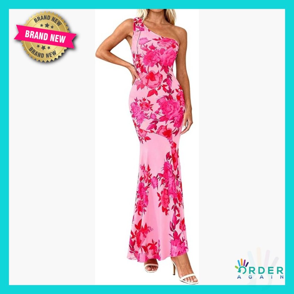 One Shoulder Maxi Dress Floral Bodycon Mesh Formal Elegant Chic Party Wear